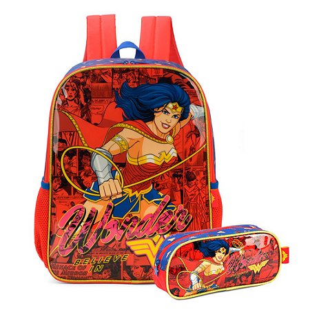 Kit Mochila de Costas + Estojo Mulher Maravilha Vermelho