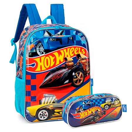 Mochila de Costas + Estojo Hot Wheels Azul - Luxcel