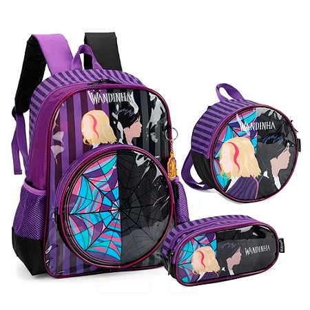 Kit Mochila Costas + Lancheira + Estojo Wandinha e Enid Roxo