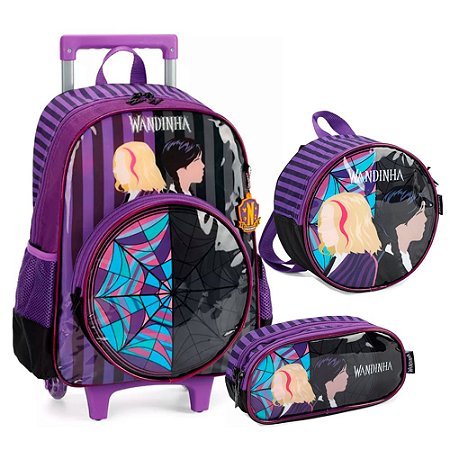 Mochila Rodinhas + Lancheira + Estojo Wandinha e Enid Roxo