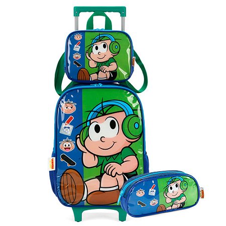 Mochila de Rodinhas + Lancheira + Estojo Cebolinha Fone VD