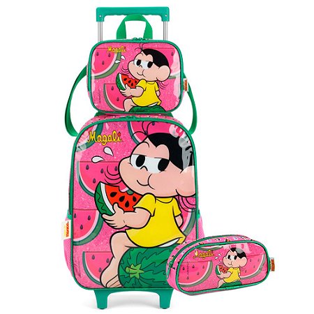 Mochila de Rodinhas + Lancheira+ Estojo Magali Melancia Rosa