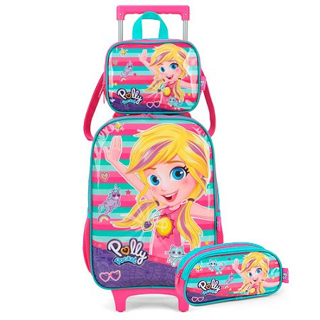 Mochila de Rodinhas + Lancheira + Estojo Polly Pocket Verde