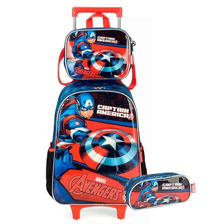 Mochila de Carrinho + Lancheira + Estojo Capitão América AZ
