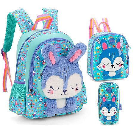 Mochila Costa + Lancheira + Estojo Coelhinho 3D Petit Verde