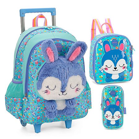 Mochila Rodas + Lancheira e Estojo Coelhinho 3D Petit Verde