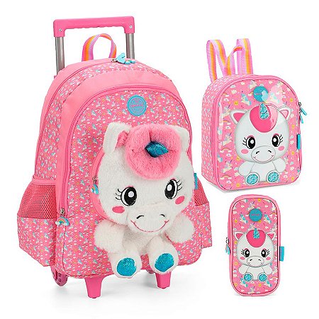 Mochila Rodas + Lancheira + Estojo Unicornio Petit Pink
