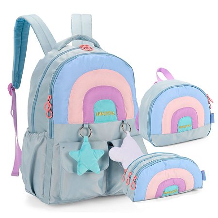 Mochila de Costas + Lancheira + Estojo Triplo Nuvem Azul
