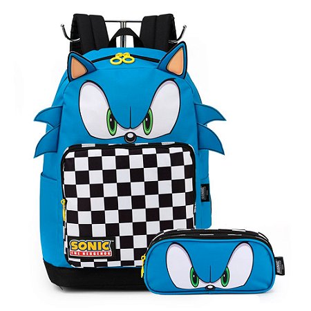 Mochila de Costas + Estojo Duplo Sonic c/ orelha Azul