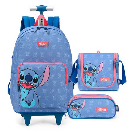 Mochila de Rodinhas + Lancheira + Estojo Stitch Ohana Azul