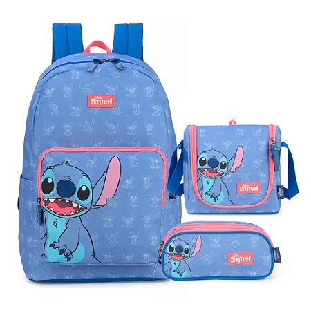 Mochila de Costas + Lancheira + Estojo Stitch Ohana Azul