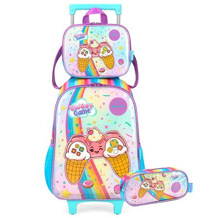 Mochila de Rodinhas + Lancheira + Estojo Ice Cream Game AZ