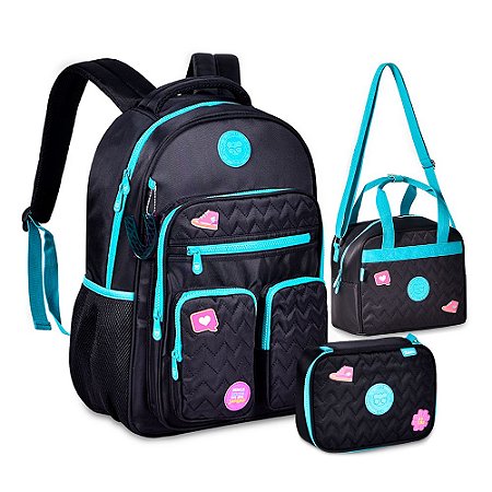 Mochila de Costas + Lancheira + Estojo Luluca Preto Lulike