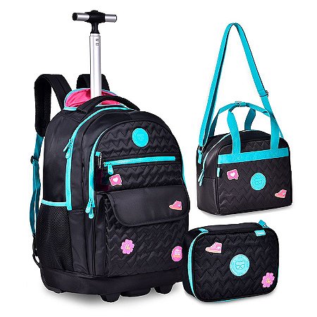 Mochila de Rodinhas + Lancheira + Estojo Luluca Preto Lulike