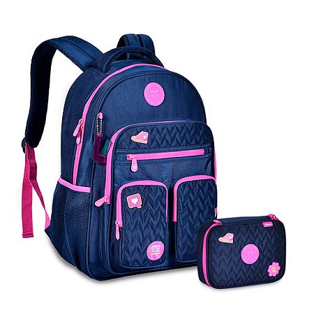 Mochila de Costas + Estojo Box Luluca Azul e Rosa Lulike