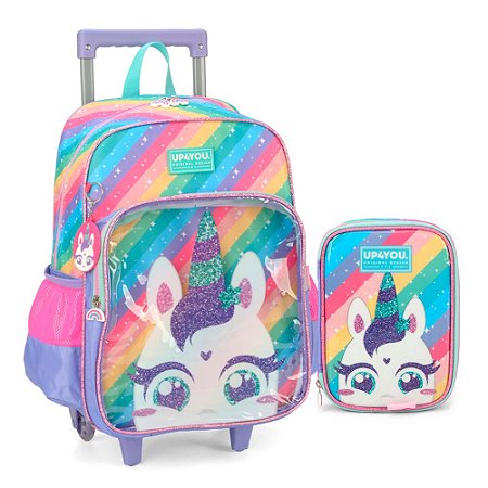 Mochila de Rodinhas + Estojo Unicornio Brilhosa Up4you Lilas