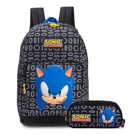 Mochila de Costas + Estojo Sonic Argolas Preto Escolar