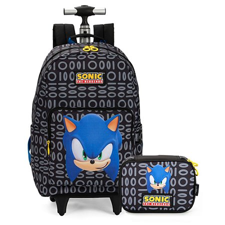 Mochila de Rodinha + Estojo Box Sonic Argolas Preto Escolar