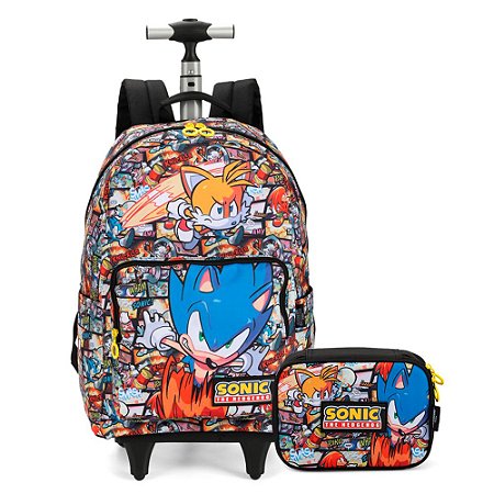 Mochila de Rodinhas + Estojo Box Sonic Personagens Laranja