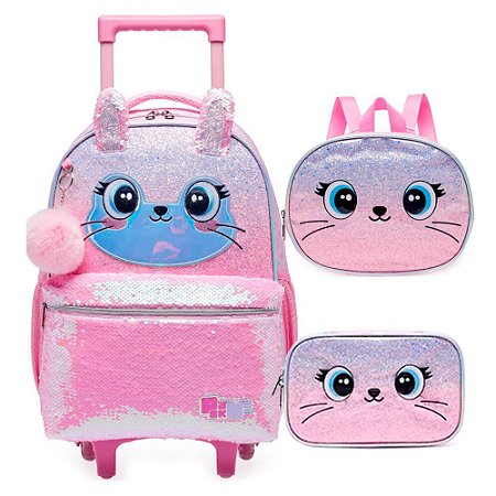 Mochila de Rodinhas + Lancheira + Estojo Pack Me Cute Coelho