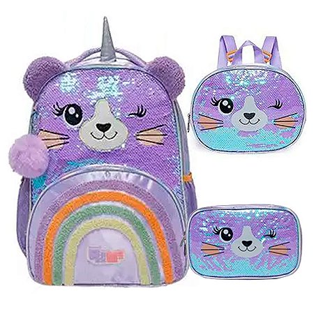 Mochila de Costa + Lancheira + Estojo Leopardo Pack Me Sweet