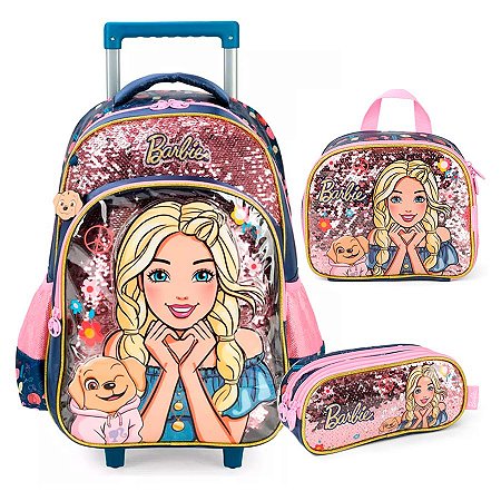 Mochila de Rodinha + Lancheira + Estojo Barbie + Pet Azul