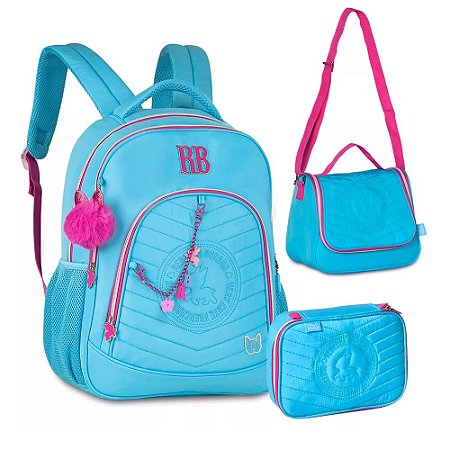 Mochila de Costa + Lancheira + Estojo RB Soft Matelassê Azul