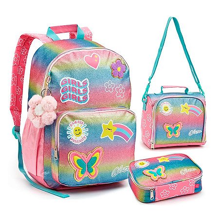 Mochila de Costas + Lancheira + Estojo Box c/ Glittes Girls