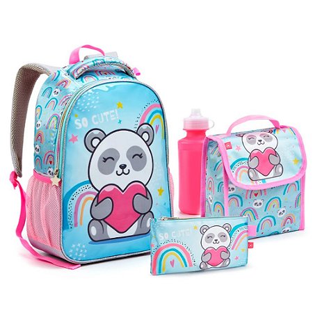 Mochila Costas + Lancheira + Estojo + Garrafa - Panda Azul