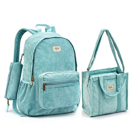 Mochila de Costa + Lancheira + Estojo Verde Veludo - Seanite
