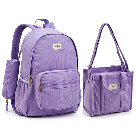 Mochila de Costa + Lancheira + Estojo Lilás Veludo - Seanite