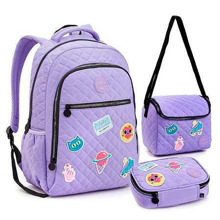 Mochila de Costa + Lancheira + Estojo Lilás ColorUp Patches