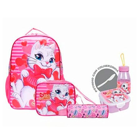 Mochila de Costas + Lancheira + Estojo Rosa Cat Sweet