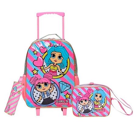 Mochila de Rodinhas + Lancheira + Estojo Girls Surprise Rosa