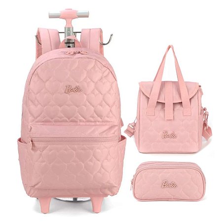 Mochila de Rodinhas + Lancheira + Estojo Duplo Barbie Rosa