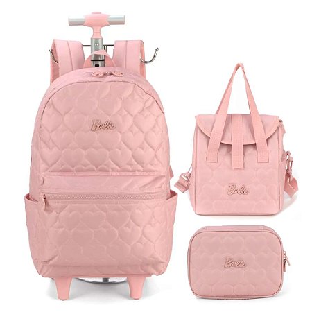 Mochila de Rodinhas + Lancheira + Estojo Box Barbie Rosa