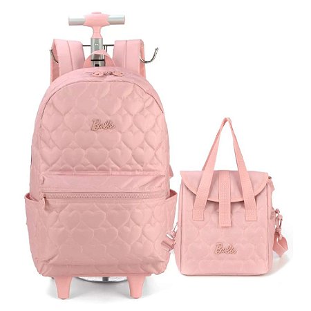 Mochila de Rodinhas + Lancheira Térmica Coração Barbie Rosa