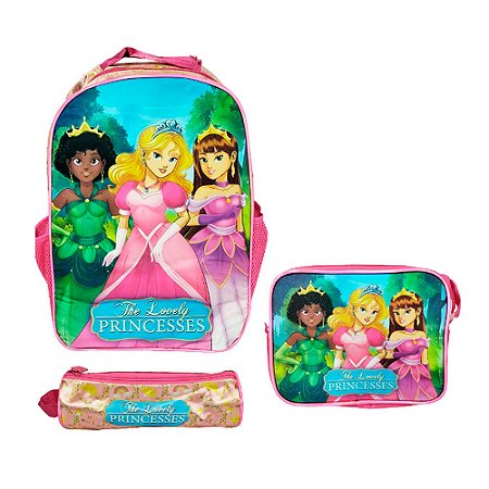 Kit Mochila Costas + Lancheira + Estojo Princesas Pink - 6Ps