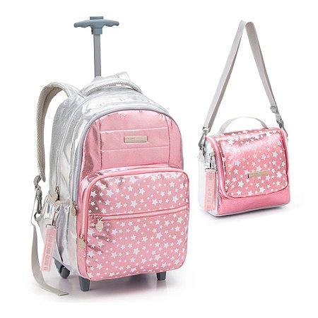 Kit Mochila de Rodinhas + Lancheira Térmica Rosa c/ Estrelas