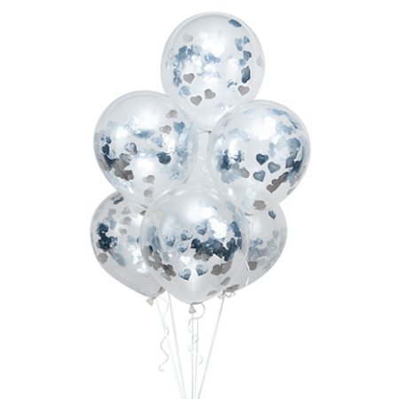 Balão Látex c/ Confete Coração Prata 12'' 30cm 6Un