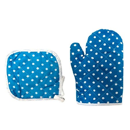 Kit Luva Térmica Para Cozinhar e Porta Panela de Tecido Azul
