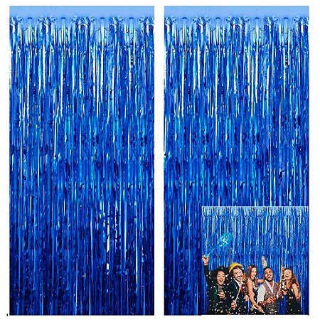 Cortina Metalizada de Franja Azul Decoração Festa