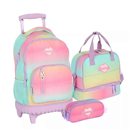 KIT Mochila de Rodinhas + Lancheira + Estojo Roxo - UP4YOU