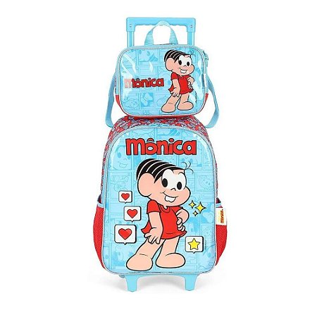 Kit Mochila Rodinhas + Lancheira Térm Mônica Azul - Luxcel