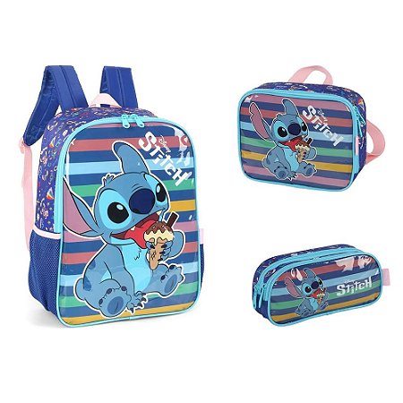 KIT Mochila de Costas + Lancheira + Estojo Stitch - Azul