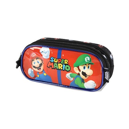 Estojo Triplo Super Mario e Luigi Escolar Vermelho - Luxcel