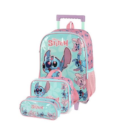 KIT Mochila de Rodinhas + Lancheira + Estojo Stitch - Verde