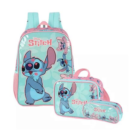 KIT Mochila de Costas + Lancheira + Estojo Stitch - Verde
