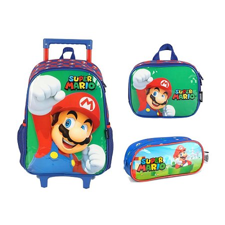 KIT Mochila de Rodinha + Lancheira + Estojo S. Mario Verde