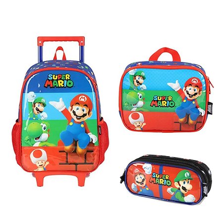 KIT Mochila de Rodinha + Lancheira + Estojo Mario e Luigi VM